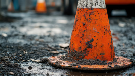 This close-up image showcases a dirty orange traffic cone positioned on a grimy construction site, highlighting the gritty details of urban infrastructure challenges.の素材