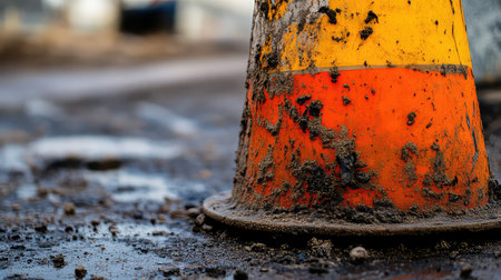 A close-up view of a weathered traffic cone covered in dirt and grime sitting on a muddy ground, enhancing the scene's rugged construction atmosphere.の素材