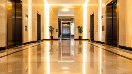 This image depicts a modern elevator hallway featuring sleek design elements, polished marble floors, and warm lighting that creates a welcoming atmosphere.の素材