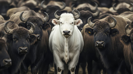 A striking image of a white cow standing out in a herd of black cattle, showcasing the beauty of livestock on a farm in a natural habitat.の素材