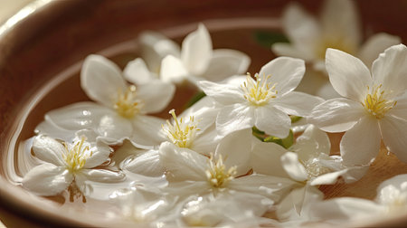 This stunning close-up captures delicate white blossoms floating gracefully on water in a rustic brown bowl, evoking tranquility and natural beauty.の素材