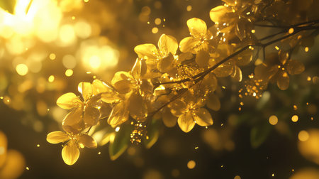 A breathtaking close-up of golden flowers bathed in soft light creates a magical and enchanting scene. Perfect for celebrating nature's beauty and elegance.の素材