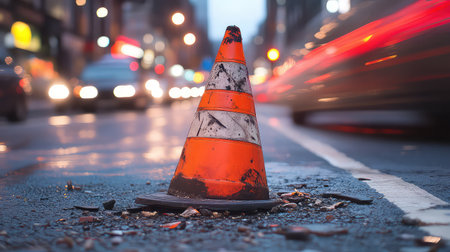 A solitary traffic cone stands on a city street during twilight, surrounded by blurred vehicle lights and wet pavement, capturing urban dynamics.の素材