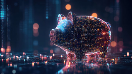 This captivating image features a digital piggy bank, symbolizing savings and financial growth in a modern, technology-focused environment.の素材