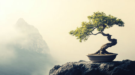 A beautiful bonsai tree sits on a rock, surrounded by a misty mountain backdrop. This serene scene captures tranquility and artistry in nature.の素材