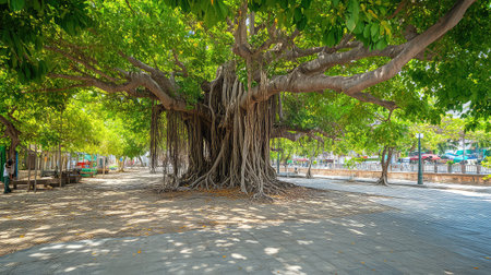 A stunning banyan tree stands tall in a tranquil urban park, offering shade and beauty under the lush green canopy on a sunny day.の素材