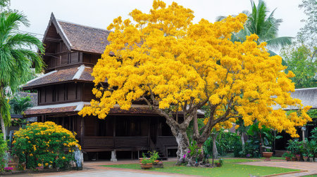 A picturesque scene featuring a traditional wooden house complemented by a stunning yellow flowering tree. This serene tropical garden setting evokes a sense of tranquility and beauty, perfect for relaxation and appreciation of natureの素材