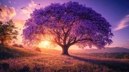 A stunning purple tree stands majestically at sunset, surrounded by blossoming flowers and a tranquil landscape. The vibrant sky enhances the serene atmosphere.の素材