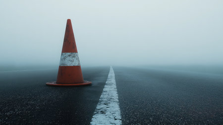 A solitary traffic cone sits on a disorienting foggy road, highlighting safety and caution themes. The atmosphere evokes a sense of isolation.の素材