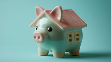 This whimsical piggy bank designed as a house represents the idea of saving for a home. Its colorful and playful design makes it a perfect decorative item for encouraging financial awareness.の素材