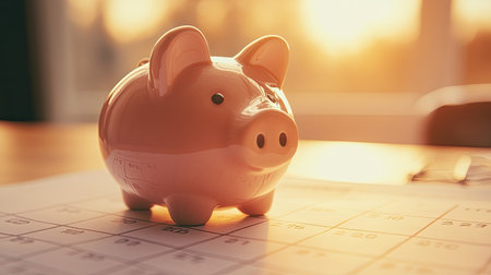 A detailed close-up of a charming piggy bank on a calendar, captured in warm evening light, symbolizing savings and financial planning for future goals.の素材