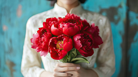 A graceful woman stands gracefully, holding a bouquet of rich red peonies against a striking blue backdrop. This image encapsulates beauty, elegance, and the charm of nature.の素材