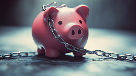 This image features a pink piggy bank secured with a chain, representing the challenges of saving money in today's financial landscape. It highlights the tension between security and the desire to save.の素材