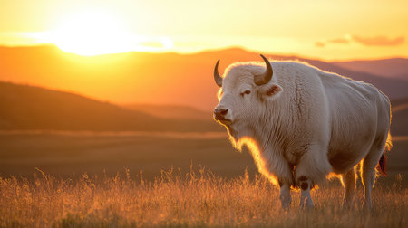 A stunning white bison stands proudly in a golden field during sunset, embodying the beauty of wildlife and nature in a peaceful wilderness setting.の素材