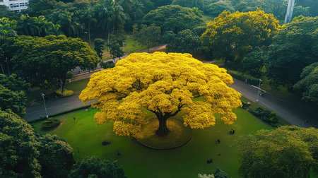 A stunning aerial view of a large golden tree in a vibrant park, surrounded by lush greenery and tropical plants, creating a serene and peaceful atmosphere.の素材