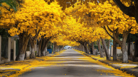 This stunning image captures a peaceful urban street lined with vibrant yellow flowering trees in full bloom. The scene exudes tranquility and natural beauty, showcasing the bright colors of spring.の素材