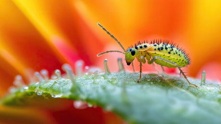 A striking close-up image of a vibrant yellow insect with spines perched on a lush green leaf, beautifully contrasted against the colorful flower petals in the background.の素材