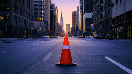 A lone traffic cone stands in the center of a deserted street, with the iconic skyline visible at sunset, creating a striking urban scene.の素材