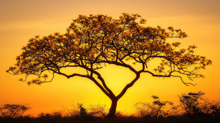 A breathtaking silhouette of a tree stands majestically against a golden sunset, capturing the essence of natureの素材