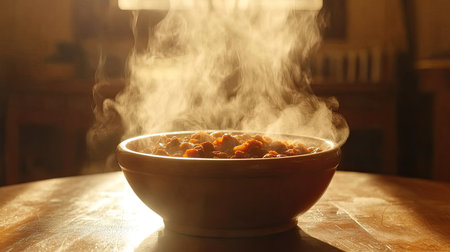 A beautifully crafted bowl of steaming hot soup creates an inviting atmosphere in a cozy kitchen. The aromatic vapors rise, hinting at delicious flavors.の素材