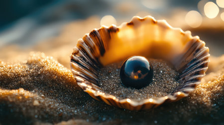 This captivating image features a beautiful shell holding a polished black pearl resting on soft sand, illuminated by gentle sunlight, creating a serene atmosphere.の素材