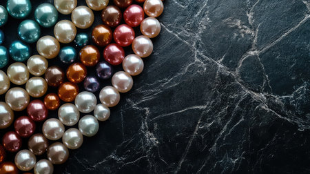 Stunning arrangement of colorful pearls on a dark marble background, perfect for themes of elegance, luxury, and sophisticated design concepts.の素材