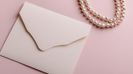 A stylish composition featuring a smart envelope paired with lustrous pearls against a soft pink surface, perfect for minimalist designs or invitations.の素材
