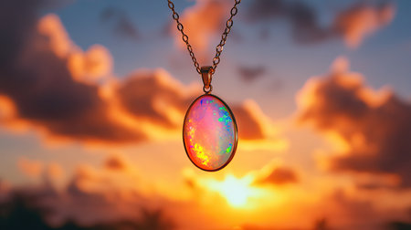 A stunning opal pendant necklace captures vibrant colors as the sun sets behind a dramatic sky. This image showcases the intricate design and beauty of jewelry against a natural backdrop.の素材