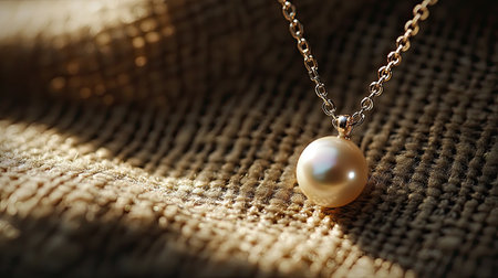 This image showcases an elegant pearl necklace resting on a textured natural fabric background, highlighting its beauty and delicate craftsmanship in soft lighting.の素材