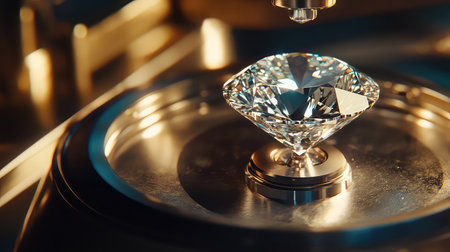 Captivating close-up of a sparkling diamond being processed by an advanced machine in a jewelry workshop, showcasing exquisite craftsmanship and precision tools.の素材