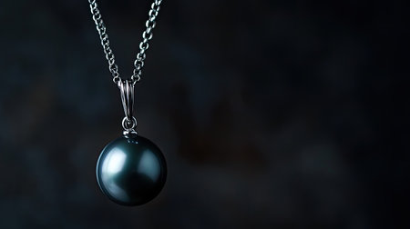 This stunning image showcases an elegant black pearl pendant gracefully hanging from a silver chain, against a soft-focused dark background.の素材