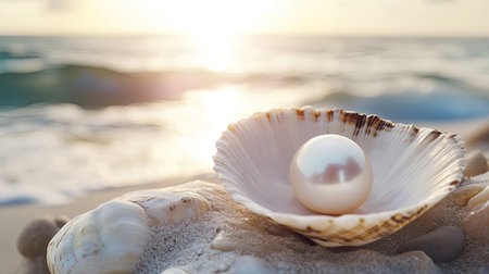 A stunning pearl rests in a beautifully open shell on a sandy beach, surrounded by gentle ocean waves and a serene sunset, creating a tranquil atmosphere.の素材