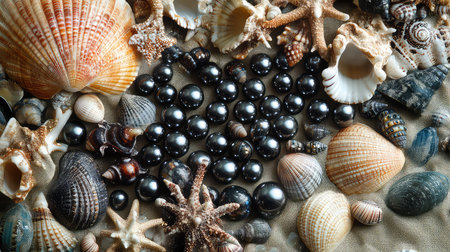 This image showcases a stunning arrangement of diverse seashells, starfish, and smooth black pearls set against a sandy background, evoking coastal beauty.の素材