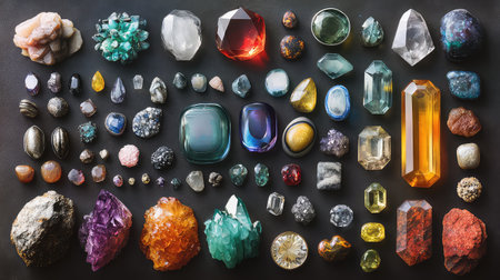 A stunning collection of colorful crystals and gemstones arranged artistically on a dark surface. This vibrant display showcases the natural beauty and diversity of minerals, perfect for inspiring art or decor.の素材