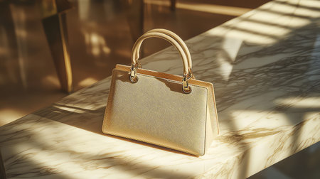 A stunning gold handbag elegantly placed on a marble table, illuminated by soft sunlight, embodies luxury, style, and sophisticated fashion aesthetics.の素材