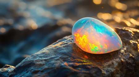 This stunning image features a radiant opal stone exhibiting brilliant colors, resting on a rough rock surface. The sparkling background adds an enchanting atmosphere.の素材