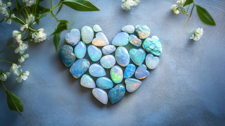 A heart-shaped collection of blue and white opal stones, surrounded by delicate white flowers, creating a serene and beautiful composition on a textured surface.の素材