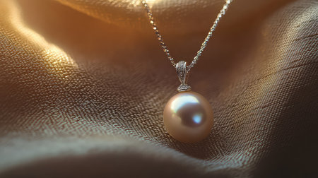 A stunning pearl pendant necklace elegantly rests on soft fabric, illuminated by warm light, highlighting its exquisite craftsmanship and beauty.の素材