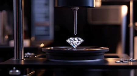 A stunning diamond is being examined under sophisticated laboratory equipment, showcasing its intricate details and brilliance in a high-tech environment.の素材