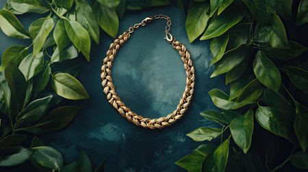 Stunning gold chain necklace artfully placed among lush green leaves on a dark surface, perfect for showcasing fashion and jewelry themes.の素材