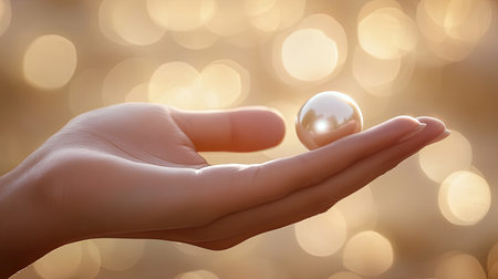 A closeup of a delicate hand gently holding a shiny pearl against a soft, blurred background filled with warm light and bokeh effects, highlighting beauty and elegance.の素材