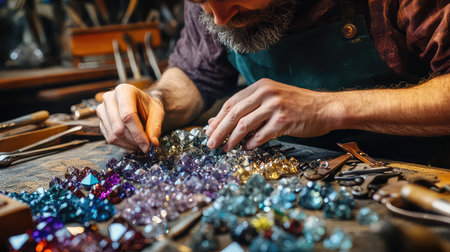 A dedicated craftsperson carefully organizes an array of colorful crystals in a well-equipped workshop, showcasing artistry and attention to detail.の素材