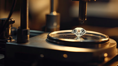 Close-up view of a brilliant cut diamond being inspected under advanced machinery in a modern workshop setting, showcasing precision and luxury.の素材