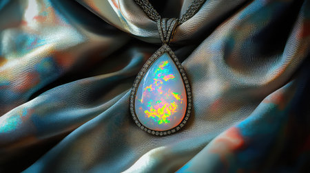 Captivating opal pendant featuring a vibrant color display, resting elegantly on silky fabric, perfect for fashion accessories and luxury jewelry photography.の素材