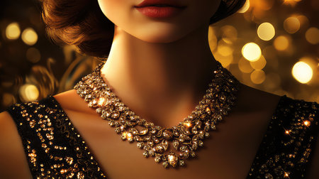 This captivating image features a woman adorned with a stunning necklace, perfectly capturing luxury and elegance against a soft, sparkling backdrop.の素材