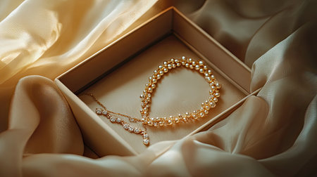 This beautiful pearl bracelet is nestled in a luxurious gift box, featuring elegant design and soft golden fabric, perfect for special occasions or gifting.の素材