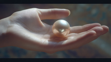 A close-up view of a delicate hand gently holding a shimmering pearl, capturing the elegance and beauty of the moment in soft natural light.の素材