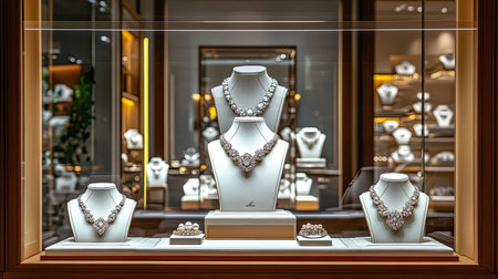 This image captures an elegant jewelry display in a luxurious boutique, featuring beautifully arranged necklaces and earrings that exude sophistication.の素材
