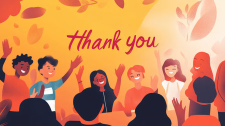 A colorful illustration captures the essence of a joyful gathering, showcasing diverse individuals celebrating together in a warm and inviting atmosphere of gratitude.の素材