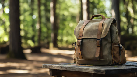 A rustic backpack sits on a wooden table, surrounded by lush greenery in a tranquil forest setting. Soft natural light enhances the outdoor atmosphere.の素材
